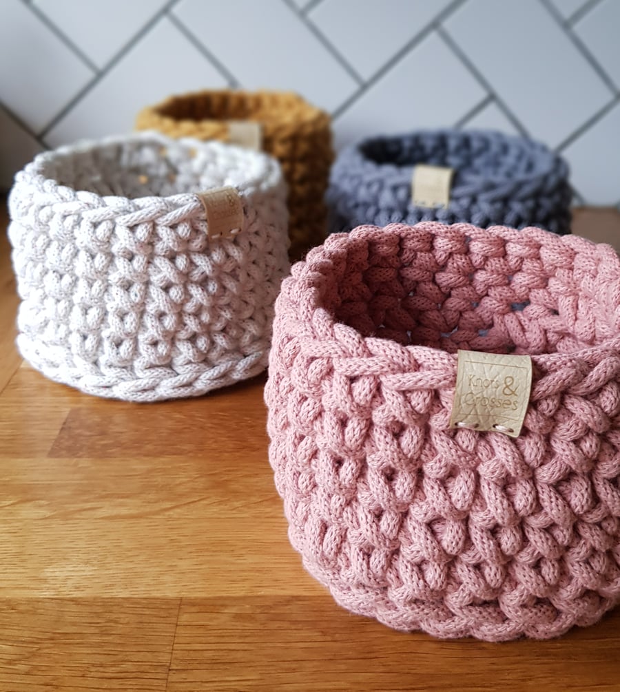 Small Crochet Basket, 16 Colour Choices, Recycled Cord, Storage