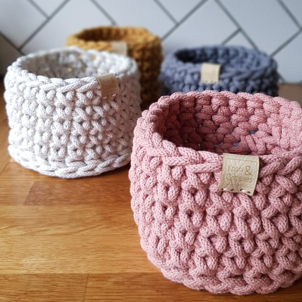 Small Crochet Basket, 16 Colour Choices, Recycled Cord, Storage
