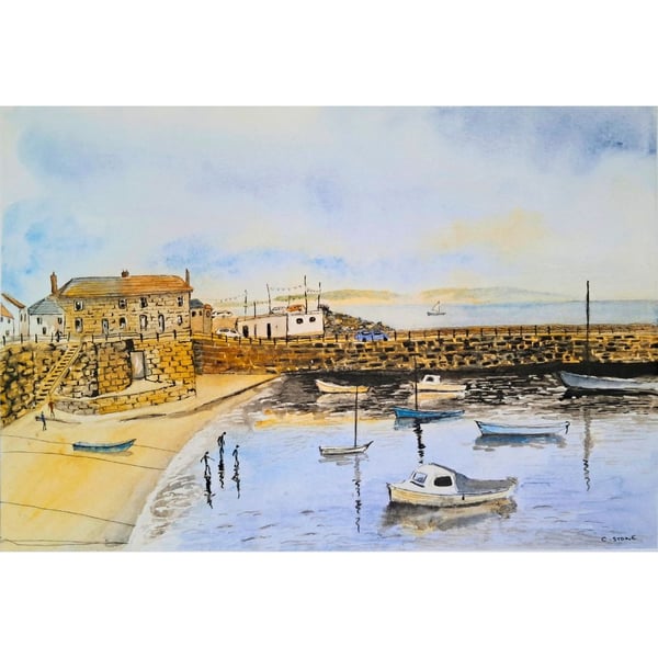 Art print of Mousehole Harbour  Cornwall from original watercolour painting