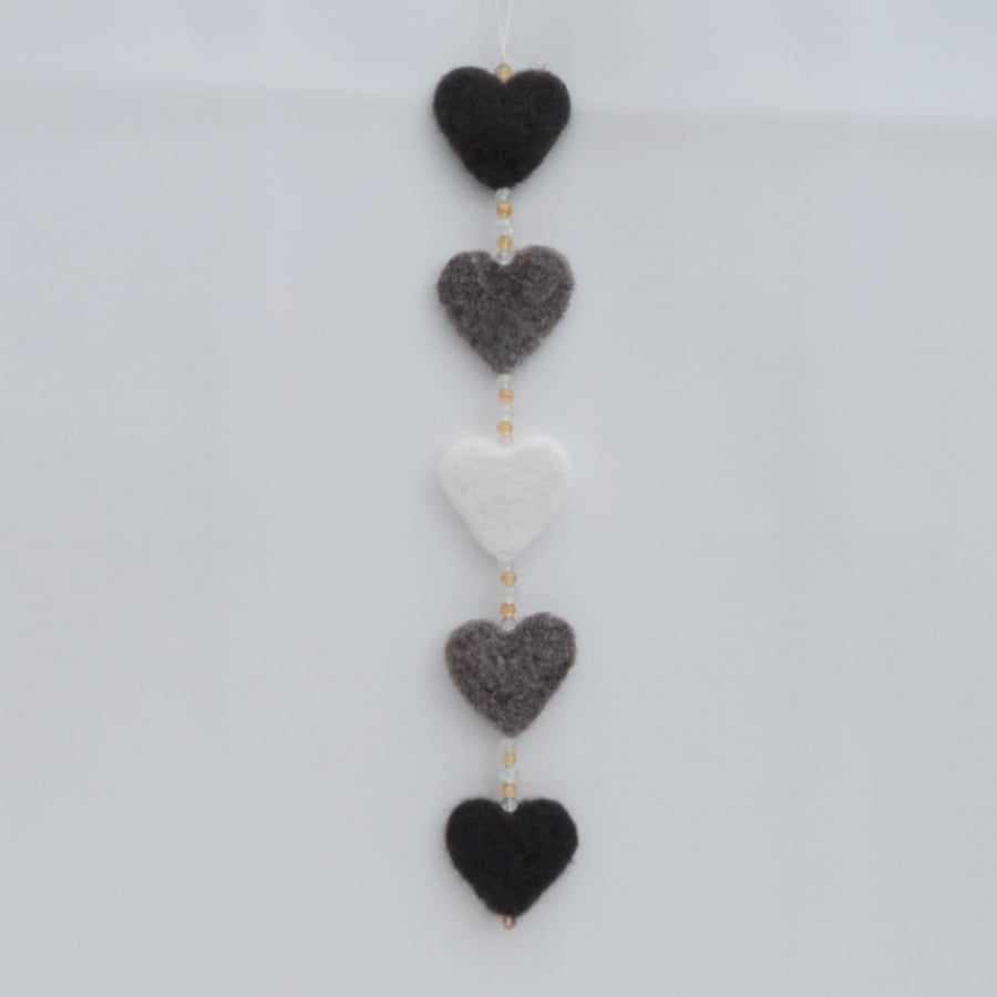 Needle felted hanging hearts natural brown and white