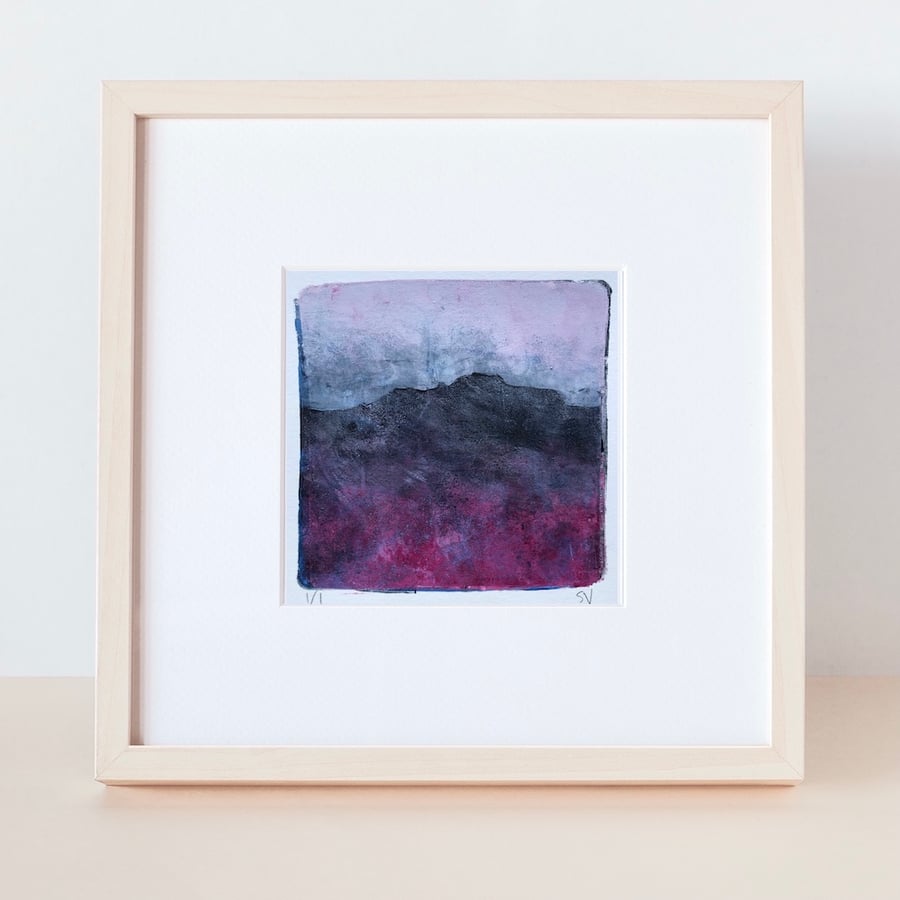 Heather Moorland landscape - unique monoprint inspired by the Peak District 