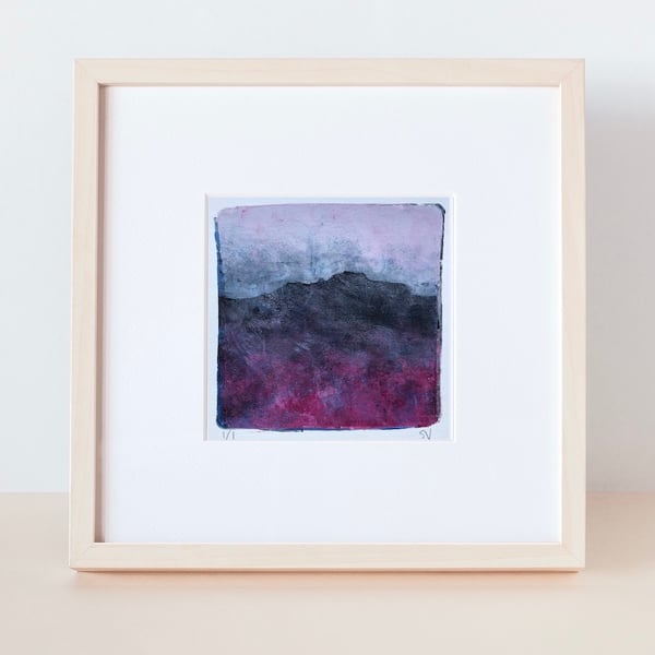 Heather Moorland landscape - unique monoprint inspired by the Peak District 