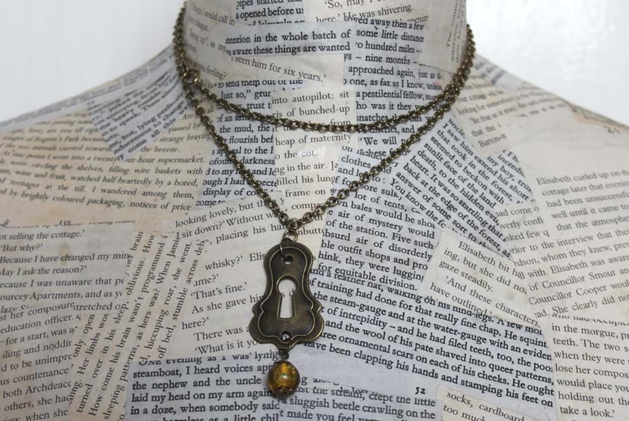 Keyhole Charm Bead Long Length Pendant Gold Necklace