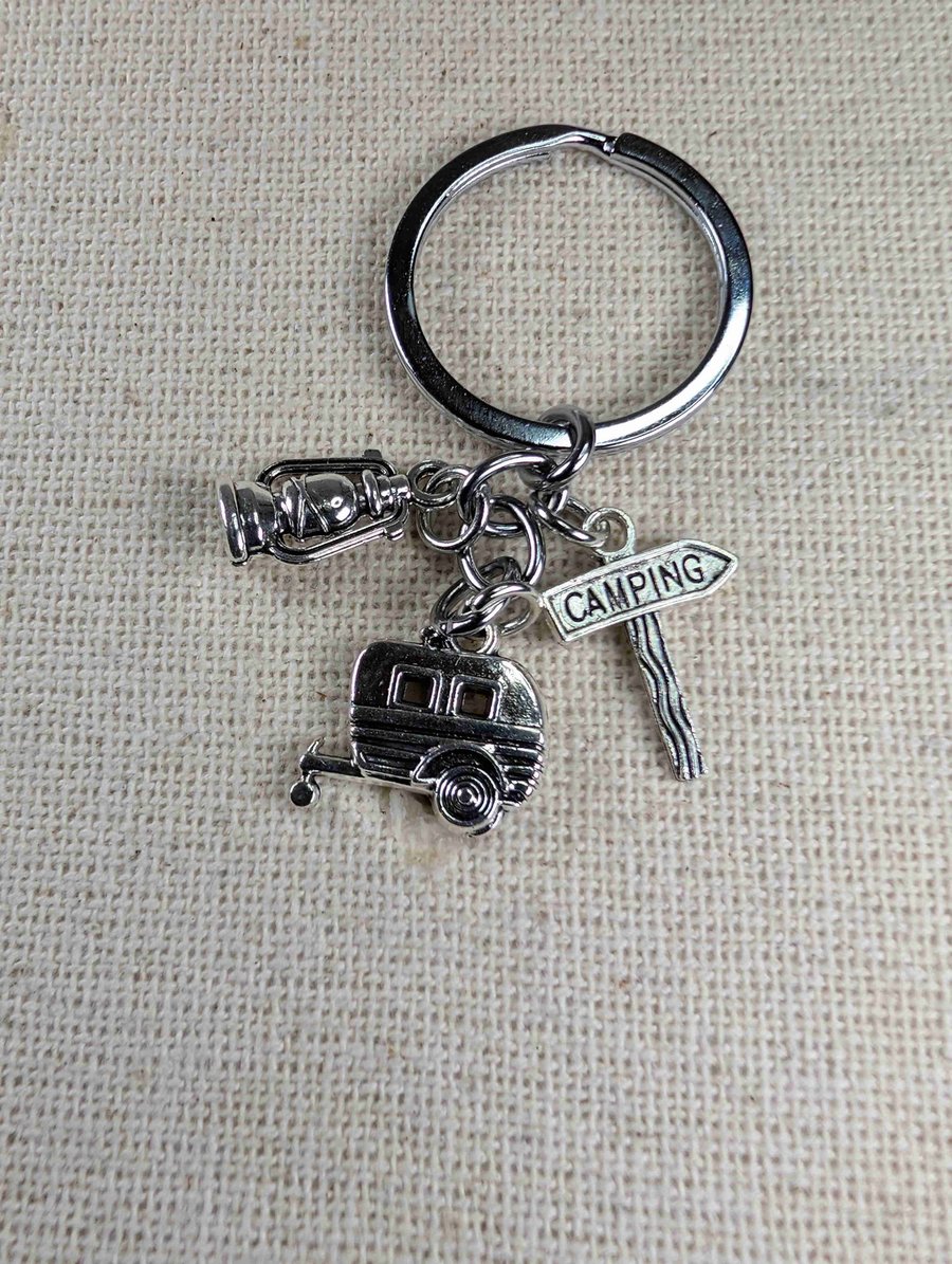 Camping Themed Keyring - 3 x Charms - Caravan - Lantern - Sign - Keychain