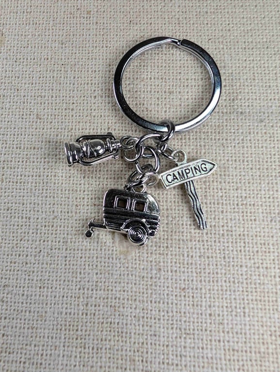 Camping Themed Keyring - 3 x Charms - Caravan - Lantern - Sign - Keychain