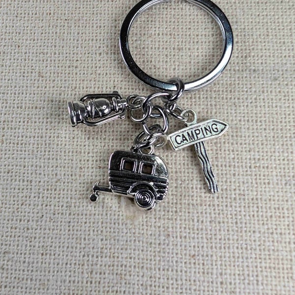 Camping Themed Keyring - 3 x Charms - Caravan - Lantern - Sign - Keychain