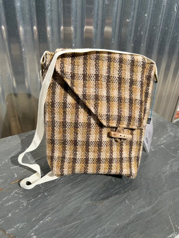 Handwoven wool tweed crossbody bag in shades of brown and beige