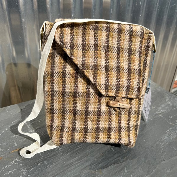 Handwoven wool tweed crossbody bag in shades of brown and beige