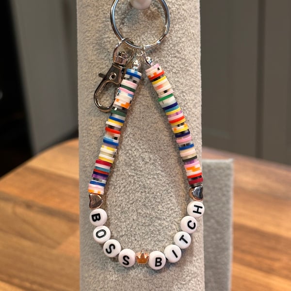 Unique Handmade keychain with heishi beads - wordy boss bitch