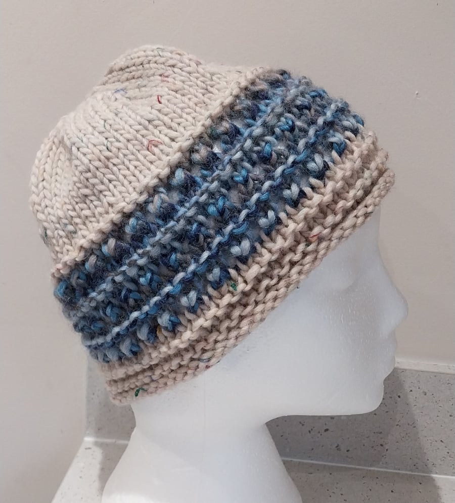 Handknit chunky wool hat Cream with Tweedy blues