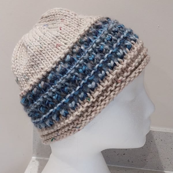 Handknit chunky wool hat Cream with Tweedy blues