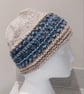 Handknit chunky wool hat Cream with Tweedy blues
