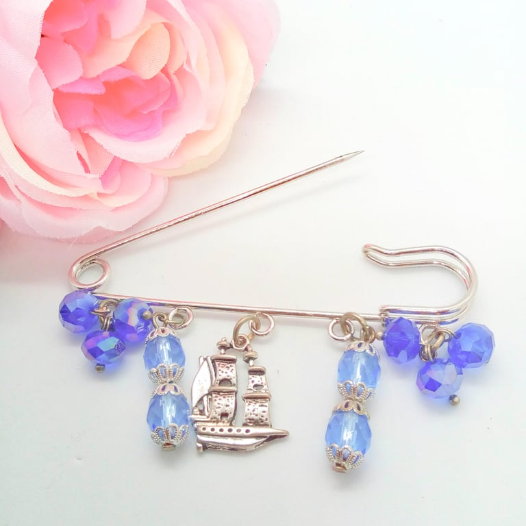 Kilt Pin Brooch with Blue Crystals and Silver Plated Galleon Charm, Gift for Her