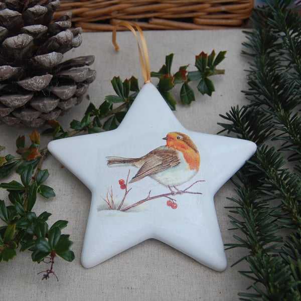 Large Ceramic Star Christmas Tree Decoration - Robin & Berries.