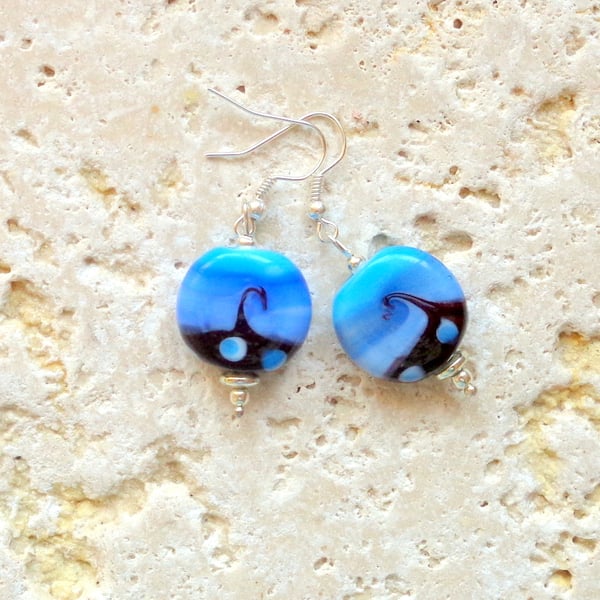 Silver plated glass bead drop earrings in black & shades of blue 
