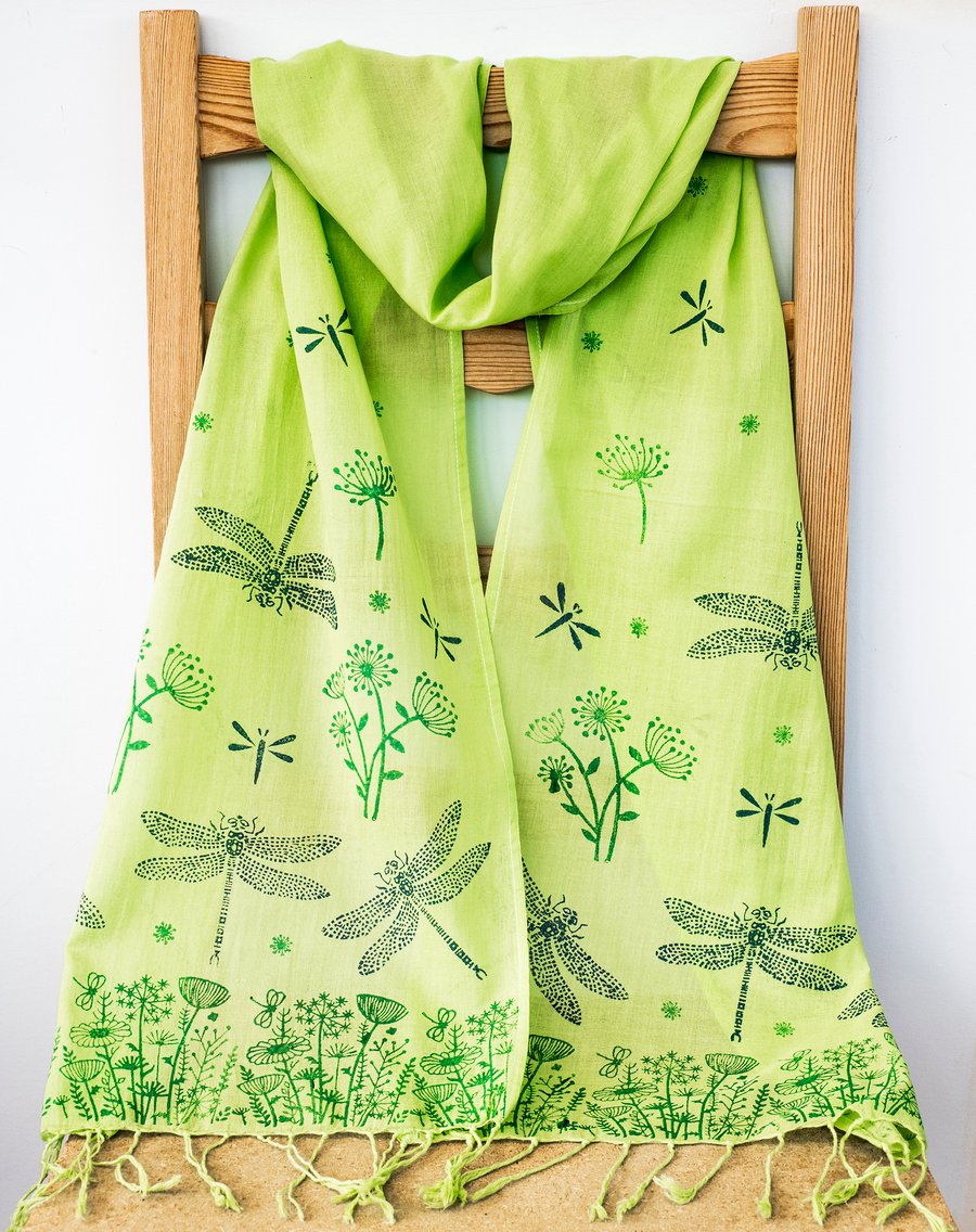Handprinted Organic Cotton Dragonflies Long Scarf Tassles Lime Green Blue   