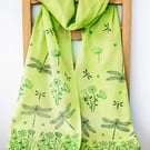 Handprinted Organic Cotton Dragonflies Long Scarf Tassles Lime Green Blue   