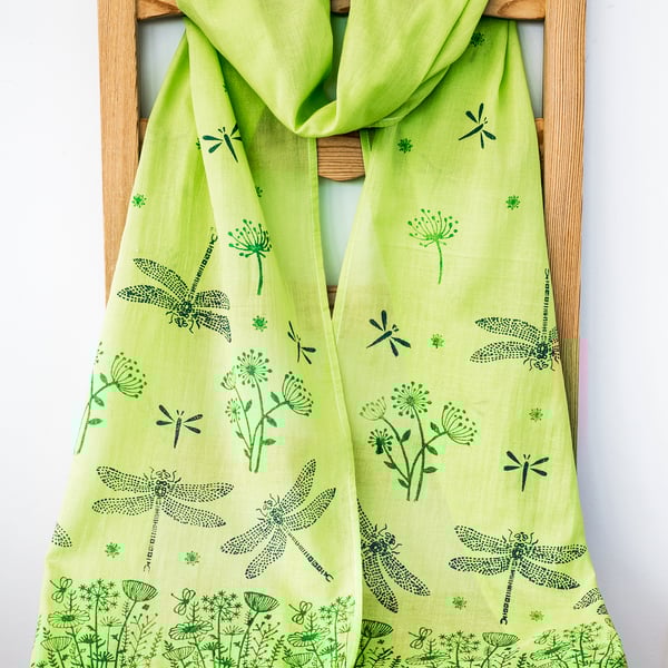 Handprinted Organic Cotton Dragonflies Long Scarf Tassles Lime Green Blue   