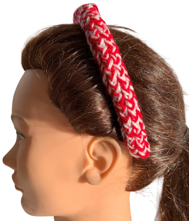 Knitted Alice Headband Red White Handmade Hairband repurposed materials