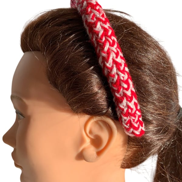 Knitted Alice Headband Red White Handmade Hairband repurposed materials