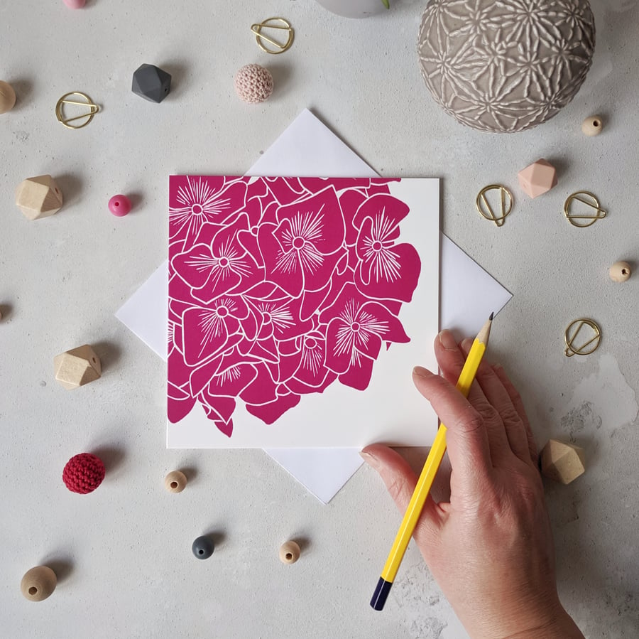 Pink Hydrangea Greetings Card, Botanical Note Card