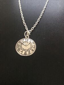 clock with hands pendant necklace silver plated 18" curb chain