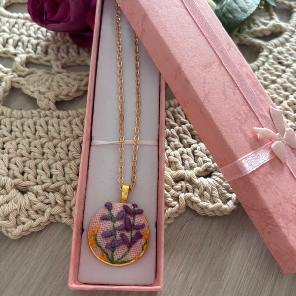 Embroidered Pendant Necklace - Lavender Floral- 