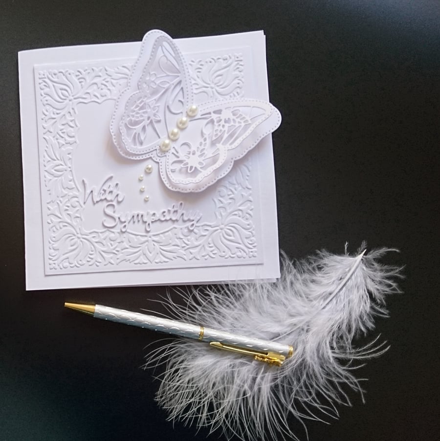Sympathy Card, Condolences in Divine White, Spiritual Butterfly Pearls for Tears