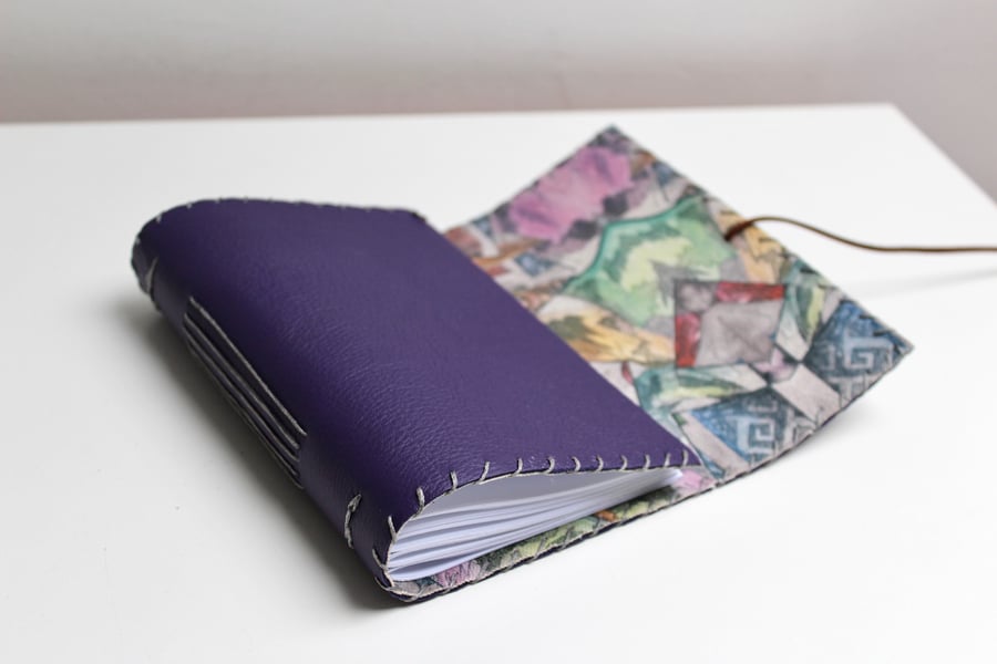 A6 Fold Over Purple Leather handmade notebook floral fabric lining plain paper 