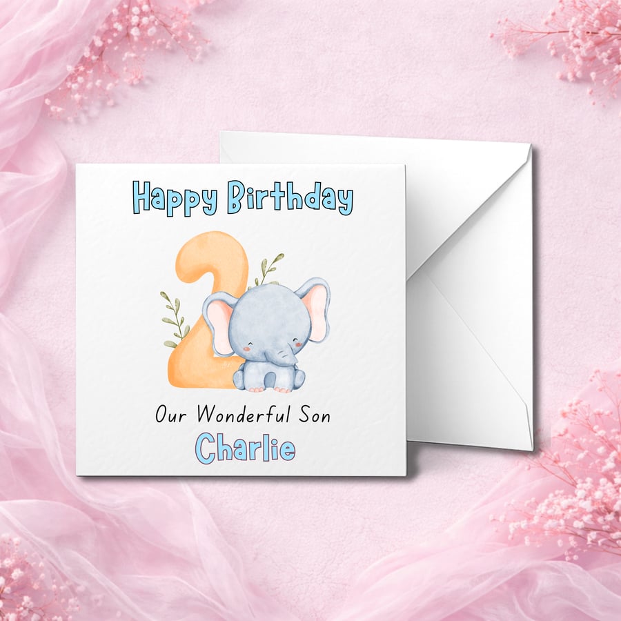 Personalised 2nd Birthday Card with Cute Elephant and Name, Boys Birthday Card