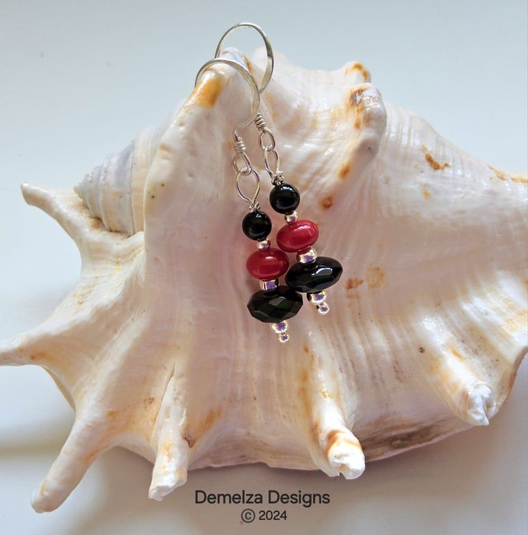 Designer Dainty Feminine Coral & Black Onxy Sterling Silver Earrings
