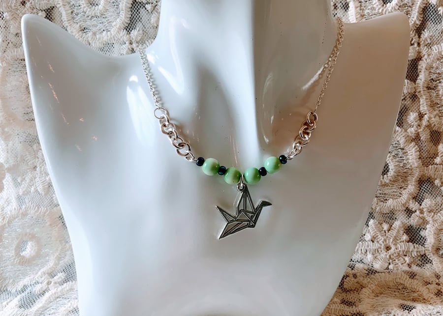 Origami Crane Bird Pendant Necklace.