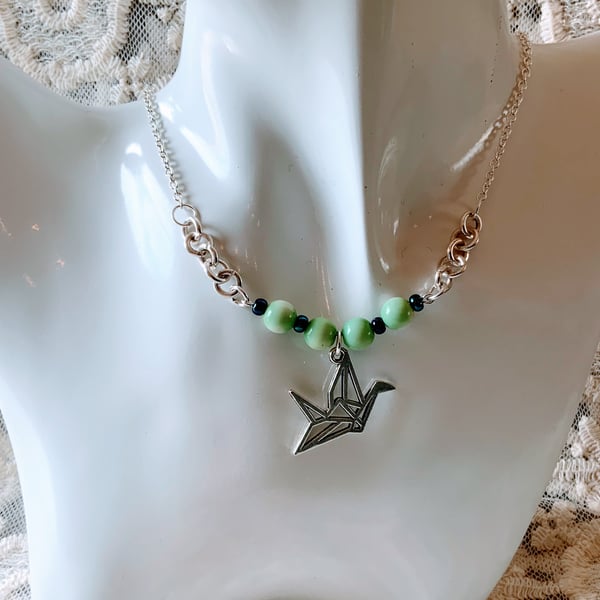 Origami Crane Bird Pendant Necklace.