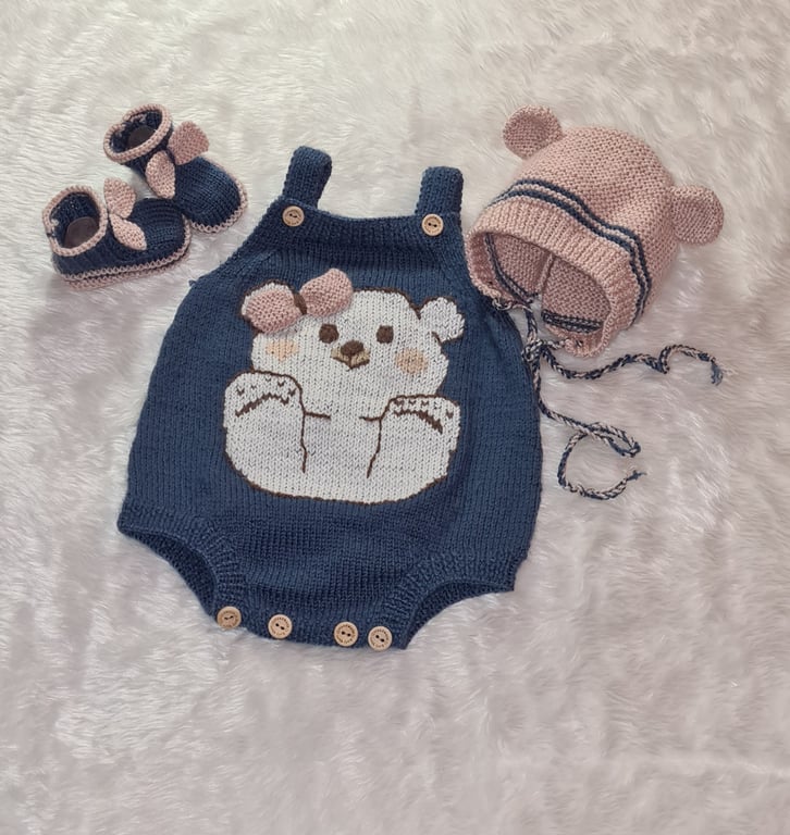 Hand knitted baby romper outfit - Baby Bear