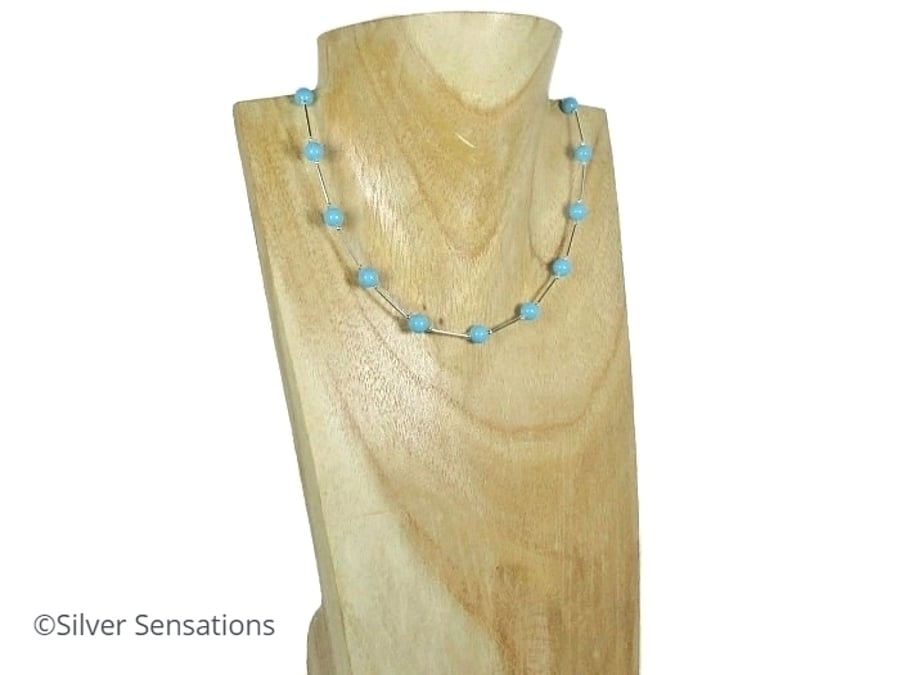 Elegant Blue Turquoise Swarovski Pearls & Sterling Silver Tubes Necklace