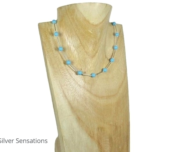 Elegant Blue Turquoise Swarovski Pearls & Sterling Silver Tubes Necklace