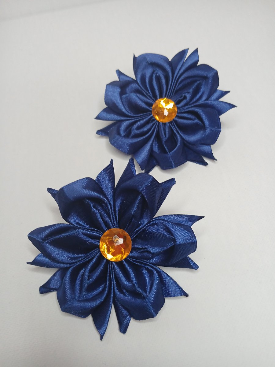 Handmade Dark Blue Ribbon Flower Hair Accessories with Amber Gem – Set of 2