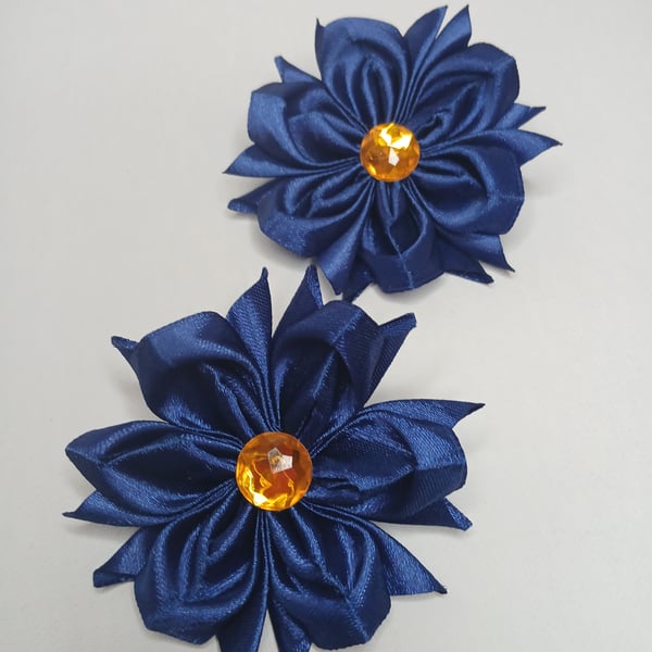 Handmade Dark Blue Ribbon Flower Hair Accessories with Amber Gem – Set of 2