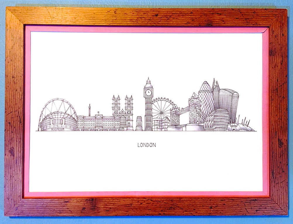 London Cityscape Handmade Unique Framed A3 Print Pink Border Wallart Gift