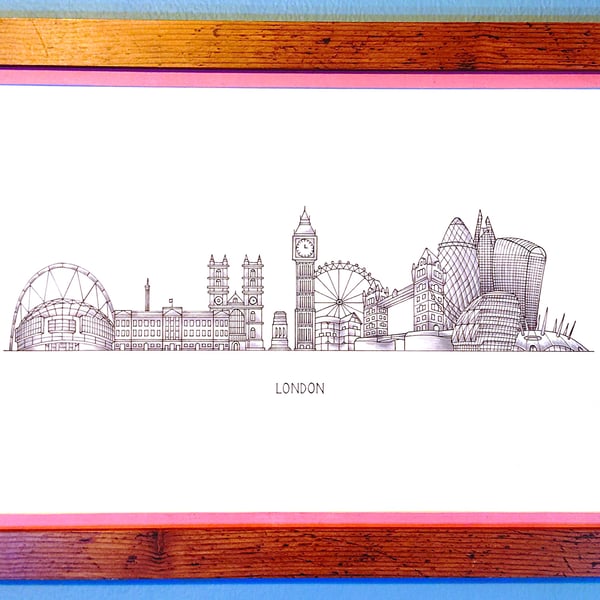 London Cityscape Handmade Unique Framed A3 Print Pink Border Wallart Gift