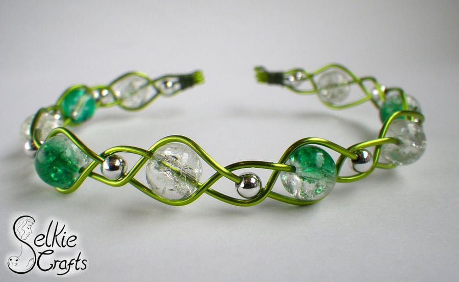 Green and silver beaded wire plait handmade bangle
