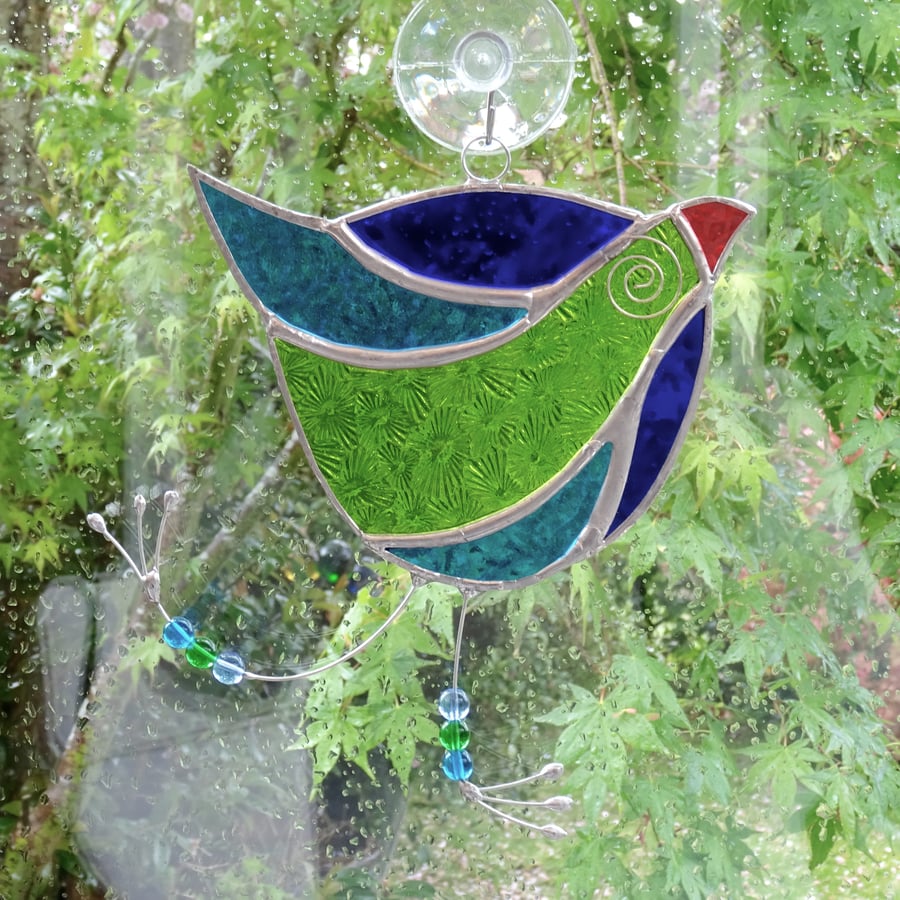 Stained Glass Funky Bird Suncatcher  - Blue, Lime and Teal  