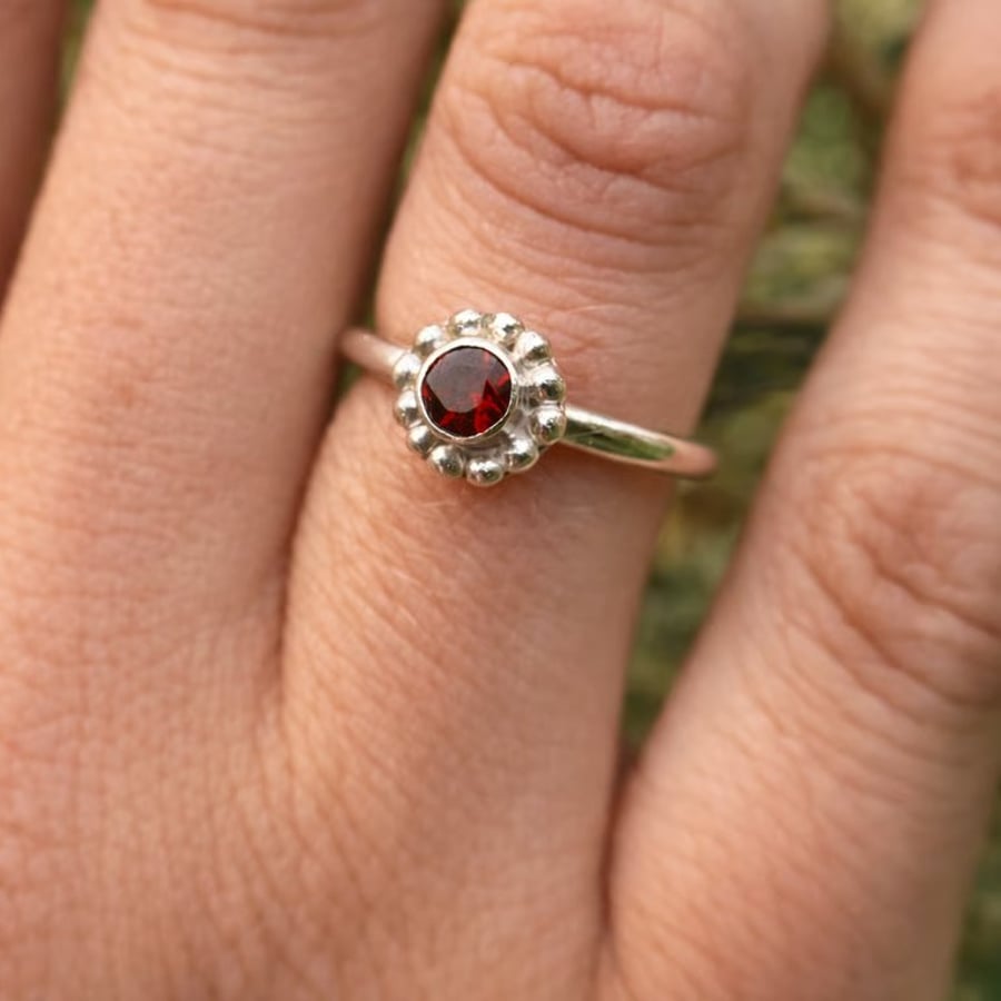 Sterling Silver Garnet Ring with Granulation - Size K