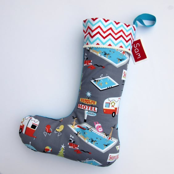 Christmas Stocking - Retro Santa on Holiday - personalised