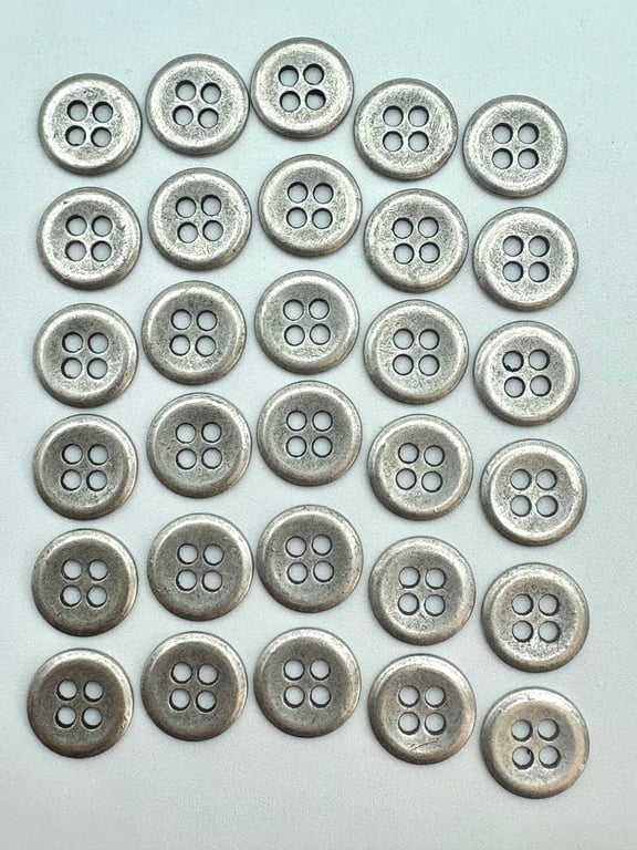 30 Metal Buttons, Old Silver Colour, Small 11mm Wide, Raised Edge Design
