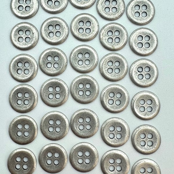 30 Metal Buttons, Old Silver Colour, Small 11mm Wide, Raised Edge Design