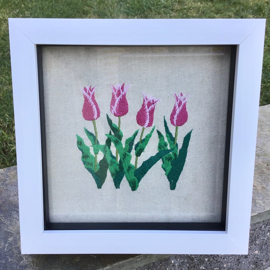 Embroidered Tulips in a Box Frame