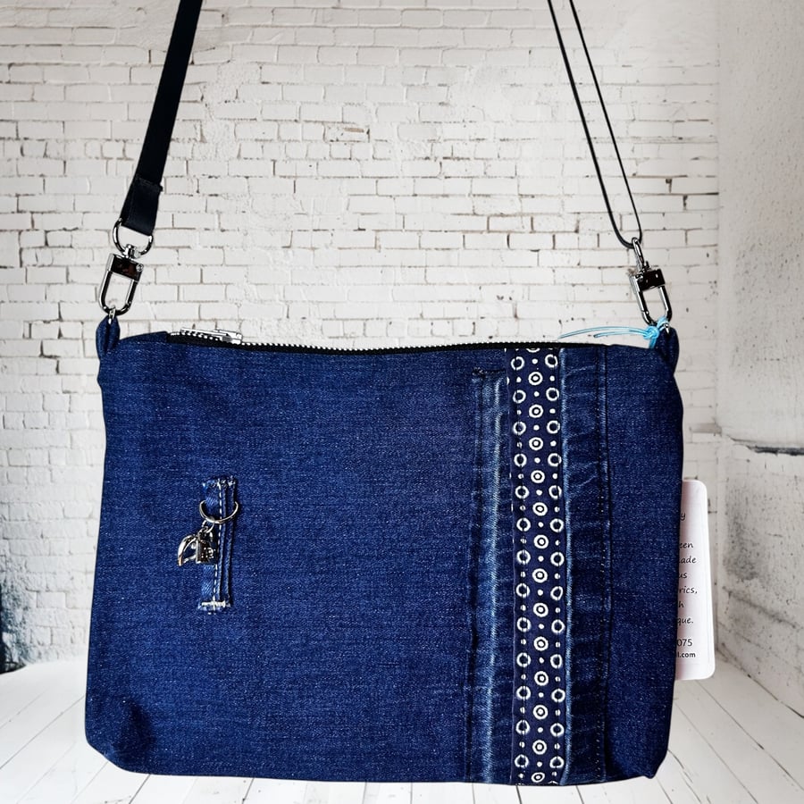 Upcycled blue denim handbag black denim and peach floral