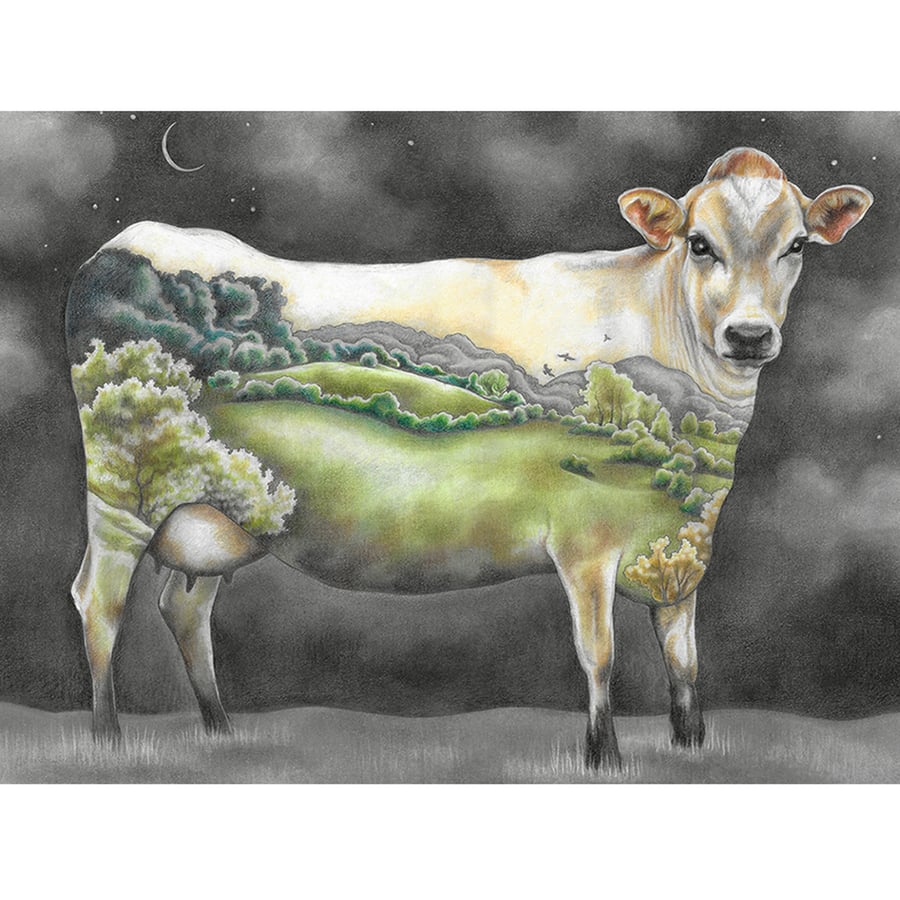 Cow Landscape Art Giclee Print - "Mother of us All" - wildlife art, surreal art 