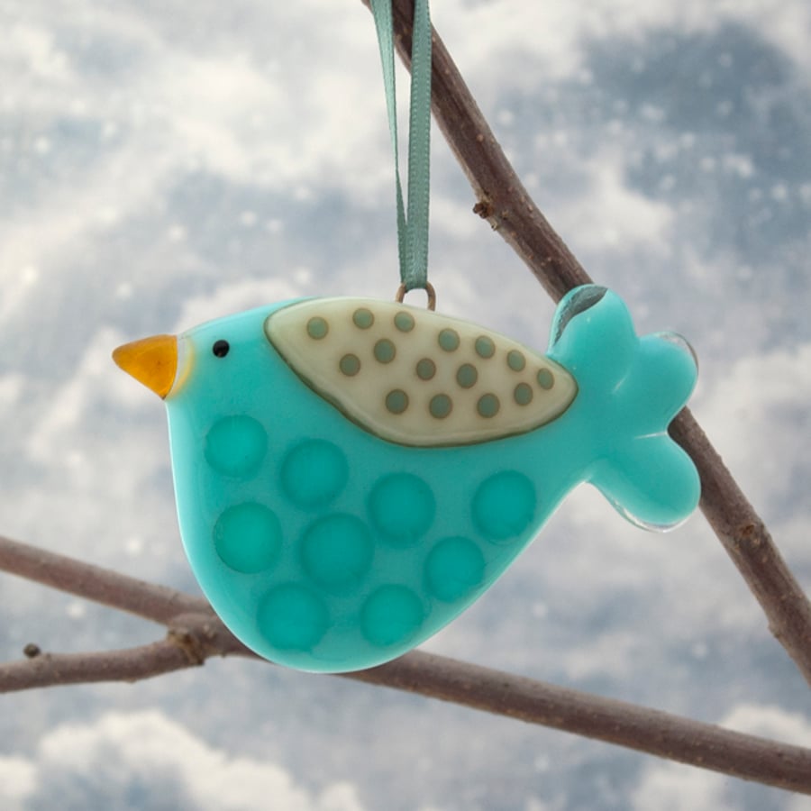 Turquoise Spotty Fused Glass Bird Decoration